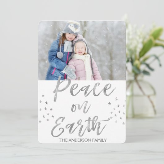 Vrede op Aarde Wit en Zilver Waterverf Foto Feestdagenkaart (Staand voorkant)