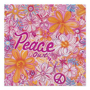 Vrede Uit Hippie Bloem Vredesteken Retro Patroon Perfect Poster
