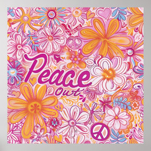 Vrede Uit Hippie Bloem Vredesteken Retro Patroon Poster