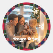 Vrede & Vreugde Aangepaste geruite kerstfoto Ronde Sticker (Voorkant)