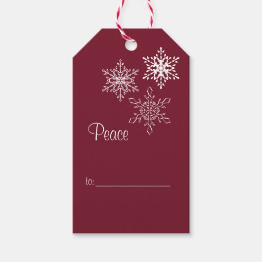 Vrede, Vreugde en 3 Sneeuwvlokken Rood en Wit Mini Cadeaulabel (Voorkant)
