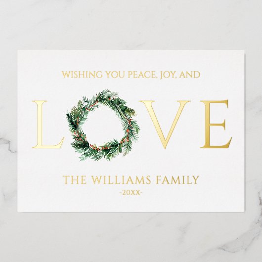 Vrede Vreugde En Liefde Gouden Kerstmis Folie Feestdagenkaart (Voorkant)