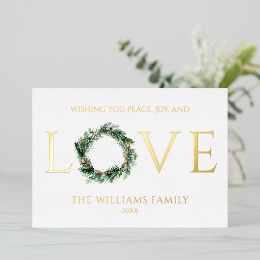 Vrede Vreugde En Liefde Gouden Kerstmis Folie Feestdagenkaart (Staand Voorkant)
