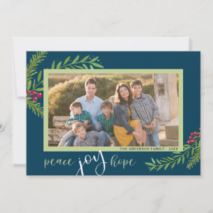Vrede Vreugde Hoop Waterverf Blauw Twee Foto Kerst Feestdagenkaart