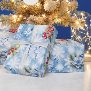 Vrede & Vreugde Vrolijke Kerstmis Blauwe Sneeuwvlo Cadeaupapier