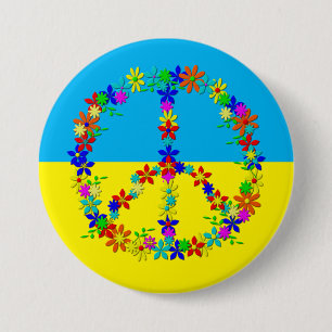 Vredesbord met bloemen, oekraïnse vlag ronde button 7,6 cm