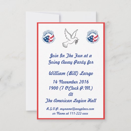 Vredeskorps dat een partijuitnodiging afwijst kaart (Achterkant)