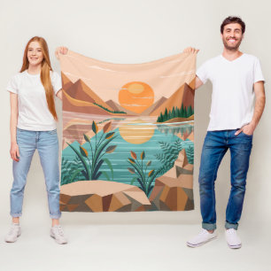 Vredig bergmeer zonsondergang landschap fleece deken