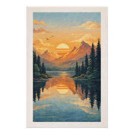 Vredige Alpenmeer Zonsondergang Retro Reisposter Perfect Poster