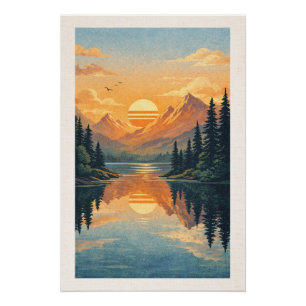 Vredige Alpenmeer Zonsondergang Retro Reisposter Perfect Poster