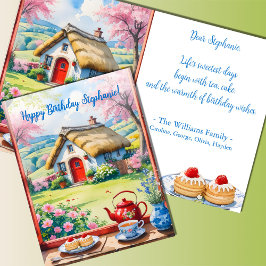 Vredige Cottage Uitzicht Flowers Tea Cakes Verjaar Kaart