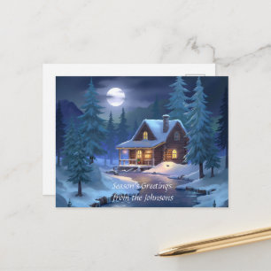 Vredige hut in winterbos briefkaart