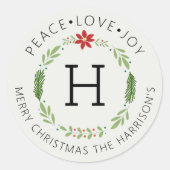 Vredige Kerst Liefde Vreugde Monogram Ronde Sticker (Voorkant)