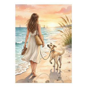 Vredige strand zonsondergang hond watercolor illus foto afdruk