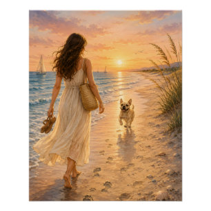 Vredige strand zonsondergang hond watercolor illus perfect poster