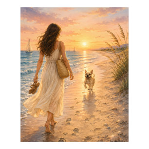 Vredige Zonsondergang op het Strand Honden Waterve Foto Afdruk