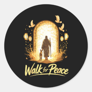 Vreedzaam wandelen spirituele monnik met hond en d ronde sticker