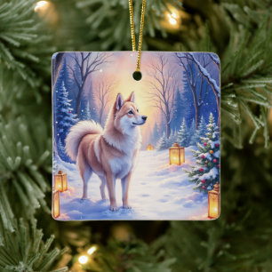 Vreedzame Akita op Sneeuwlantaarnpad Kersthond Keramisch Ornament