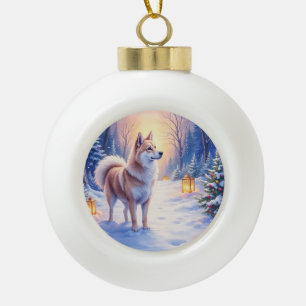 Vreedzame Akita op Sneeuwlantaarnpad Kersthond Keramische Bal Ornament