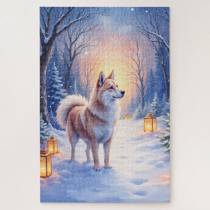 Vreedzame Akita op Sneeuwlantaarnpad Kersthond Legpuzzel