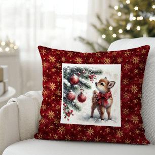 Vreedzame besneeuwde bos baby ree kerst kussen