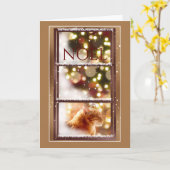 Vreedzame kat in een besneeuwde raam kerst Kaart (Gele Bloem)