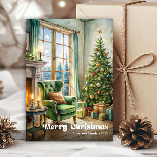 Vreedzame kerstscène kaart aquarel rood groen