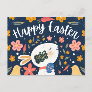 Vreedzame Konijn met Paasei “Happy Easter” Bloem Feestdagenkaart