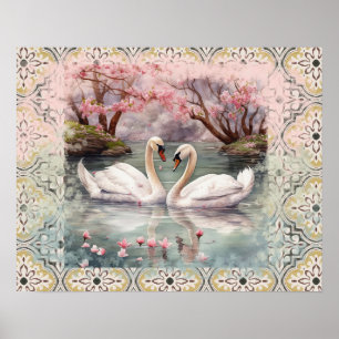 Vreedzame Scene Zwanen op het meer - Blauwgroen Bl Poster