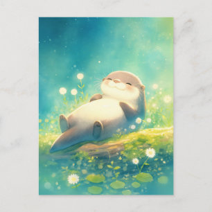 Vreedzame slapende otter in zomervijver briefkaart