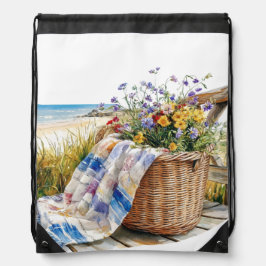 VREEDZAME WATERVERF STRANDSCÈNE MET BLOEMEN