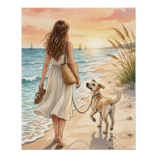 Vreedzame Zonsondergang op het Strand Honden Water Perfect Poster