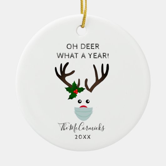 Vreemd kerstfeest 2020 rendier met gezichtsmasker keramisch ornament (Voorkant)