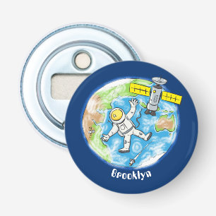 Vreemde astronaut in de ruimte en de cartoon button flesopener