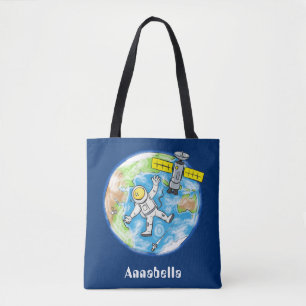 Vreemde astronaut in de ruimte en de cartoon draagtas
