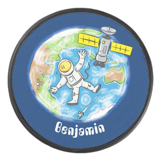 Vreemde astronaut in de ruimte en de cartoon hockey puck (Voorkant)