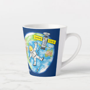Vreemde astronaut in de ruimte en de cartoon latte mok