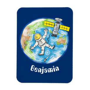 Vreemde astronaut in de ruimte en de cartoon magneet