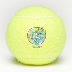 Vreemde astronaut in de ruimte en de cartoon tennisballen
