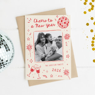 Vreemde handgetekende krabbels Nieuwjaarsfoto rood Feestdagenkaart