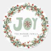 vreugde | Groene Rode Krans Bladerbessen Kerstmis Ronde Sticker (Voorkant)