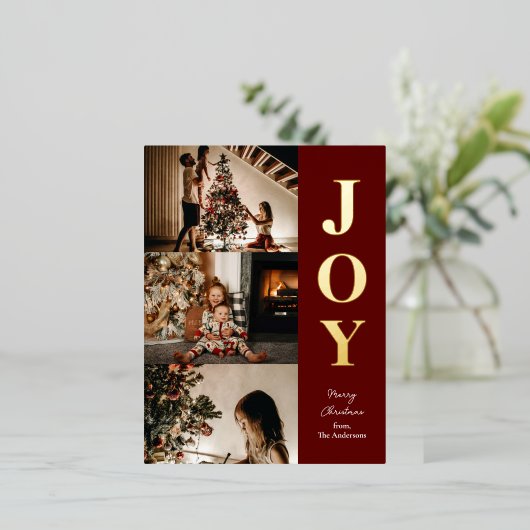 Vreugde Modern Rood Goud Kerst 3 Fotocollage Folie Feestdagen Briefkaart (Staand Voorkant)