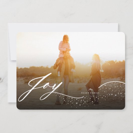 Vreugde vloeiend wit script & schittert stijlvolle feestdagenkaart (Voorkant)