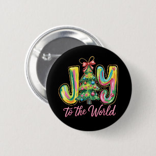 Vreugde Voor De Wereld Neon Kerstboom Penseelstree Ronde Button 5,7 Cm