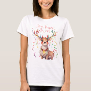 Vreugde Vrede Liefde Rendier en Kerstverlichting T-shirt