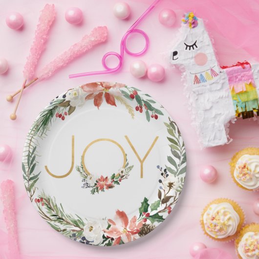 Vreugde Waterverf Bloemen krans met Goud | Kerstmi Papieren Bordje (Feest)