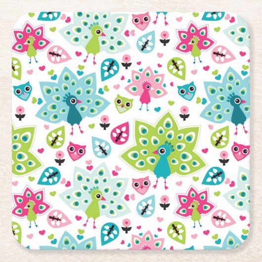 vreugdevogel en uil vierkante kartonnen onderzetter (Voorkant)