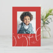 Vreugdevol script modern rood één foto Kerstmis Feestdagenkaart (Staand voorkant)