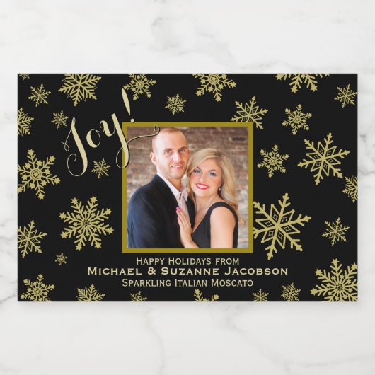Vreugdevolle gouden sneeuwvlokken met Photo Holida Sparkling Wijnetiket (Enkel label)