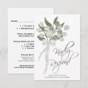 Vriendelijk reageren rustieke eucalyptus boeket br RSVP kaartje